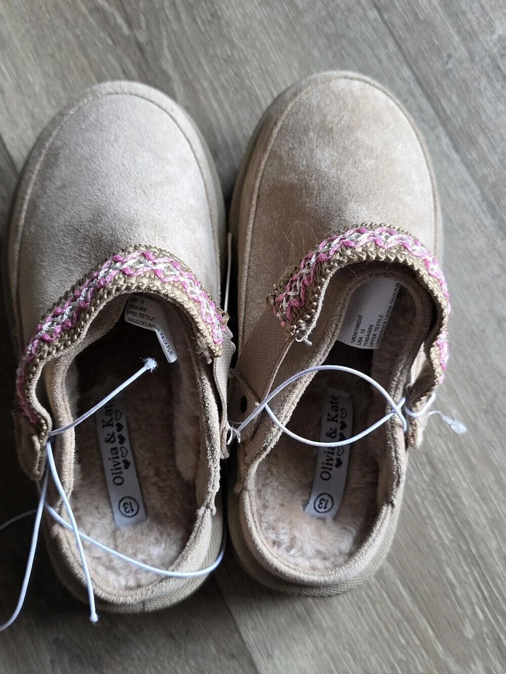 Girls Tan Slip-On Slippers with Pink Woven Trim